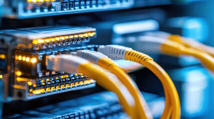 Poster - Closeup of networking cables and ports in a digital technology equipment or server rack in a modern office or data center