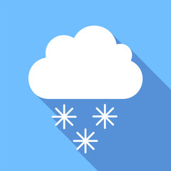 Wall Mural - snowfall weather vector icon with long shadow. white cloud and snowflakes on blue background.
