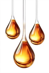 Poster - Three glass drops filled with golden liquid suspended against a clean white background