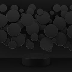 Poster - new year black glossy plastic podium mockup on abstract stage, flying black circles decor. template 