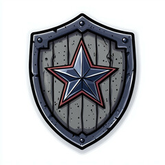 Poster - Bold Cartoon Style Shield with Shiny Star Design and Detailed Wood Texture Background