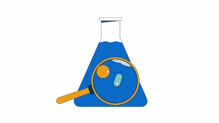 Poster - Magnified microorganisms in flask with water 2D object animation. Microbiological research loupe cartoon 4K video, alpha channel. Lab experiment glassware animated flat item on white background