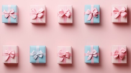 Poster - Ten Gift Boxes with Pink Bows on Pastel Pink Background Minimalist Flat Lay Arrangement