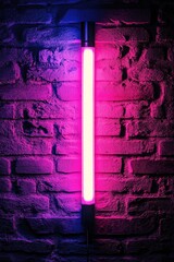 Poster - Neon light tube illuminating a rough brick wall with vibrant pink and blue colors in dark space
