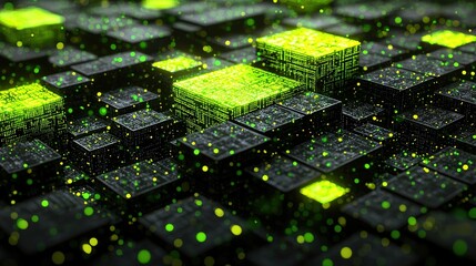 Poster - Computer circuit board with glowing green lights and electronic components in a close-up view