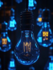 Poster - Glowing light bulb with blue hue and filament detail hanging with other bulbs in the background