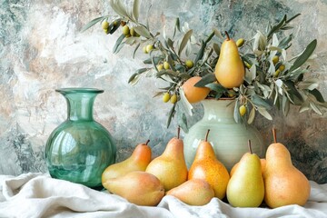 Poster - Still life with pears and olive branches in vases against a textured backdrop in soft light