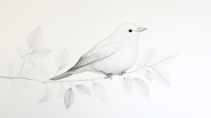 Poster - Delicate Pencil Sketch of a Bird Perched on a Branch with Leaves, Capturing Natural Elegance and Artistic Detail