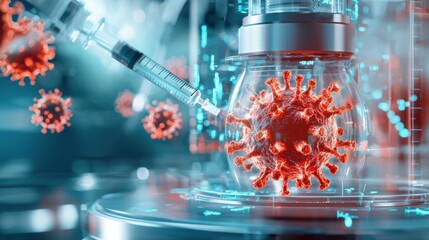Poster - microscopic view of novel coronavirus particle with medical equipment and digital backdrop