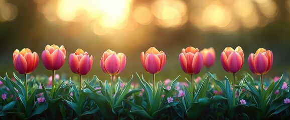 Wall Mural - Pink and Orange Tulips at Sunset in a Garden