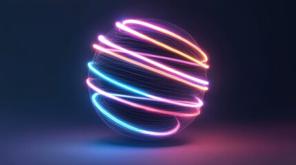 Poster - Futuristic Wireframe Sphere Surrounded by Vibrant Neon Lights and Colorful Curved Lines in Dark Background