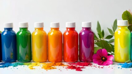 Poster - A row of colorful bottles of paint with a white label. The bottles are lined up next to a bunch of flowers