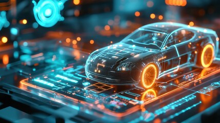 Poster - Futuristic 3D Rendering of Illuminated Automotive Concept with Glowing Neon Lights and High Tech Digital Interface