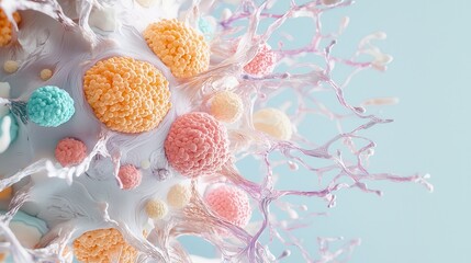 Poster - photorealistic rendering of human cells featuring colorful detailed structures in an abstract backgr