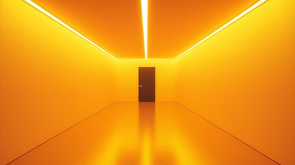Aufkleber - A vibrant yellow room glows with soft lighting, its smooth floor reflecting the warm hues, while a lone dark door stands enigmatically, inviting curiosity in this surreal space