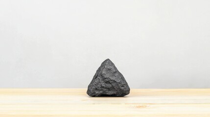 Poster - Simple Black Triangle Stone Leaning on One Side Against a Light Background with Wooden Texture Below