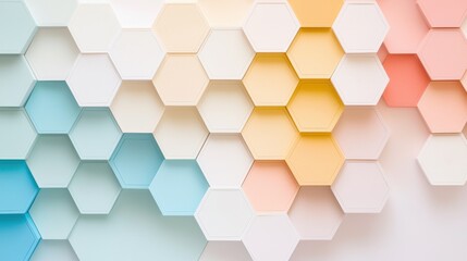 Poster - Repeating Pattern of Hexagons with Soft Gradient Colors in Shades of Blue, Yellow, and Coral for Modern Design Projects