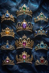 Poster - Collection of Golden Crowns with Colorful Jewels on a Dark Blue Fabric Background