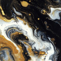 Poster - Abstract art with black white and gold fluid paint swirls and splatters on canvas
