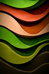 Sticker - A vibrant display of layered, wavy surfaces in various shades of green, brown, orange, and beige, creating a visually striking abstract design.