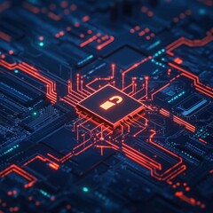 Poster - Glowing circuit board with open padlock symbol representing data security and network access