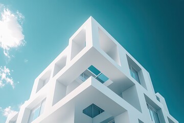 Poster - Modern white building with geometric design against a clear blue sky and a single cloud