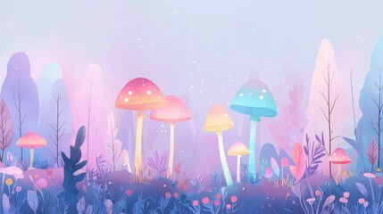 Aufkleber - Magical Watercolor Illustration of a Dreamlike Forest Filled with Colorful Mushrooms and Whimsical Flora