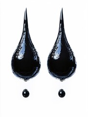 Poster - Two black liquid drops on white background with smaller drops falling down abstract style