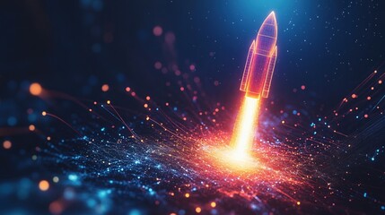 Poster - Digital rocket launch with glowing particles in deep space for technology and innovation theme