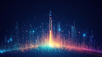 Poster - Digital Rocket Launching Through a Glowing Cityscape with Abstract Lines and Light