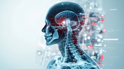 Poster - futuristic x ray scan of a digital skull showcasing the intricate brain structure and technological