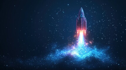 Poster - Glowing rocket launching into starry space with bright blue and red light trails