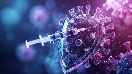Poster - microscopic view of covid 19 virus and syringe for medical and healthcare concepts