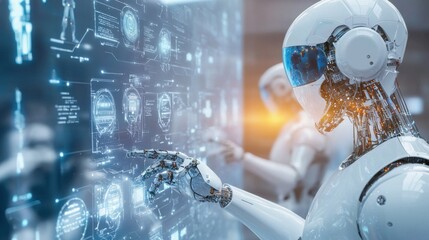 Poster - Futuristic Robot Arm Manipulating Advanced Digital Interface in Futuristic Environment