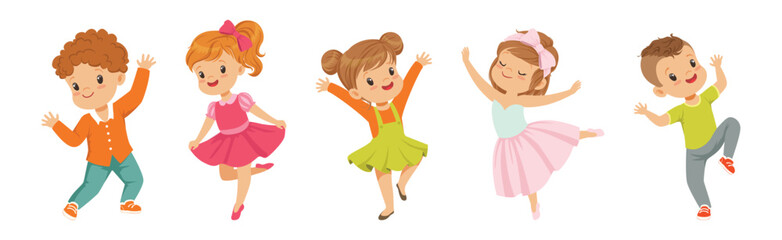 Wall Mural - Cute Kids Dancing Moving Body Show Performance Vector Set