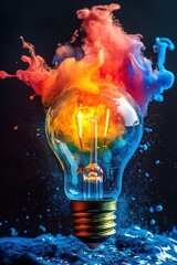 Poster - Light bulb with colorful smoke and water splash on dark background concept of idea and creativity