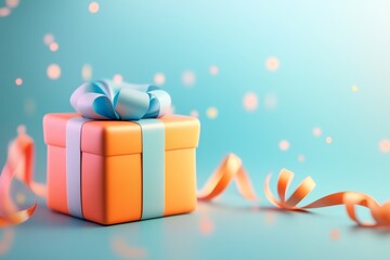 Poster - A 3D digital artwork of a gift box with layers of complementary colors, such as orange wrapping paper and blue ribbons, set on a glowing gradient background
