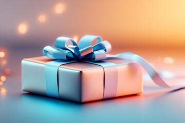 Poster - A 3D digital artwork of a gift box with layers of complementary colors, such as orange wrapping paper and blue ribbons, set on a glowing gradient background
