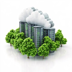 Poster - Data center servers with cloud computing technology surrounded by green trees on white background
