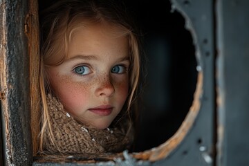 Poster - A child peering around a corner, their face partially hidden and their expression wary as they observe something in the distance