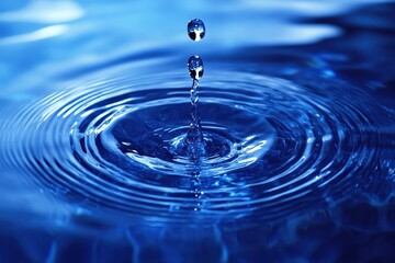 Poster - Water drop falling into blue liquid creating ripples and splash in a macro close up shot