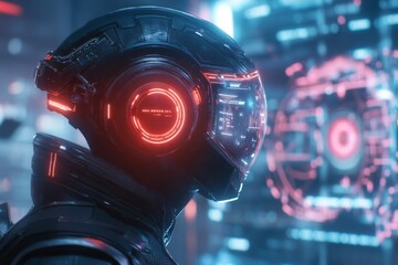 Poster - A cyberpunk-inspired illustration of a person navigating a neon-lit career path, surrounded by holographic interfaces and glowing signs representing opportunities in a futuristic world
