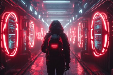 Poster - A cyberpunk-inspired illustration of a person navigating a neon-lit career path, surrounded by holographic interfaces and glowing signs representing opportunities in a futuristic world