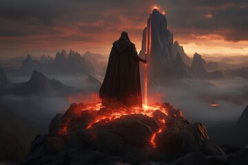 Poster - A fantastical scene of a hero standing atop a glowing crystal mountain, holding a magical sword aloft, with beams of light symbolizing triumph and greatness