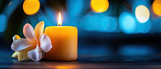 A serene setting featuring a glowing yellow candle beside a delicate flower, illuminated by soft, ambient lights in the background.