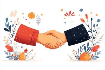 Aufkleber - A flat 2D illustration of two hands clasped together, surrounded by soft gradients and cheerful colors on a clean white background