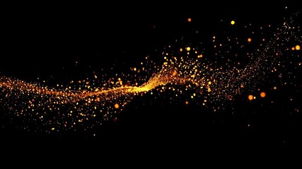 Poster - Glowing golden particles swirling in dark space. Magical abstract animation of sparkling light flow. Cosmic energy stream visualization for technology or science backgrounds