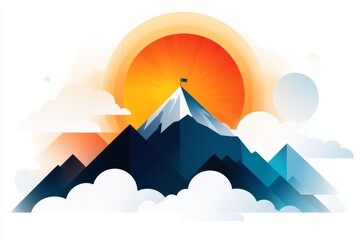 Poster - A flat design of a mountain peak with a small flag at the top, surrounded by abstract clouds and a soft blue gradient