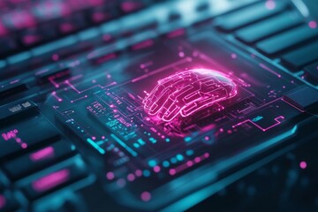 Poster - A futuristic depiction of a glowing holographic display showing complementary colors blending seamlessly, with vibrant neon tones like magenta and green