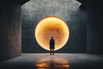 Poster - A futuristic depiction of a person standing in front of a glowing portal, their body silhouetted against the light and their posture suggesting hesitation as the portal hums with energy
